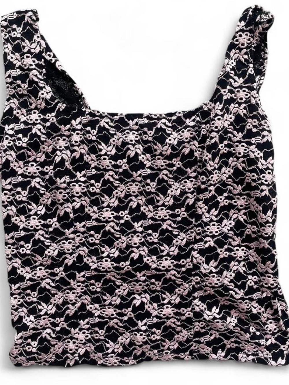 Vintage 90s/Y2K Pink and Black Lace Crop Tank Top Sz L
